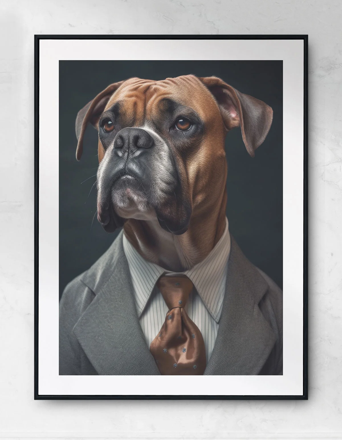 An image of a Boxer dog in a smart grey suit