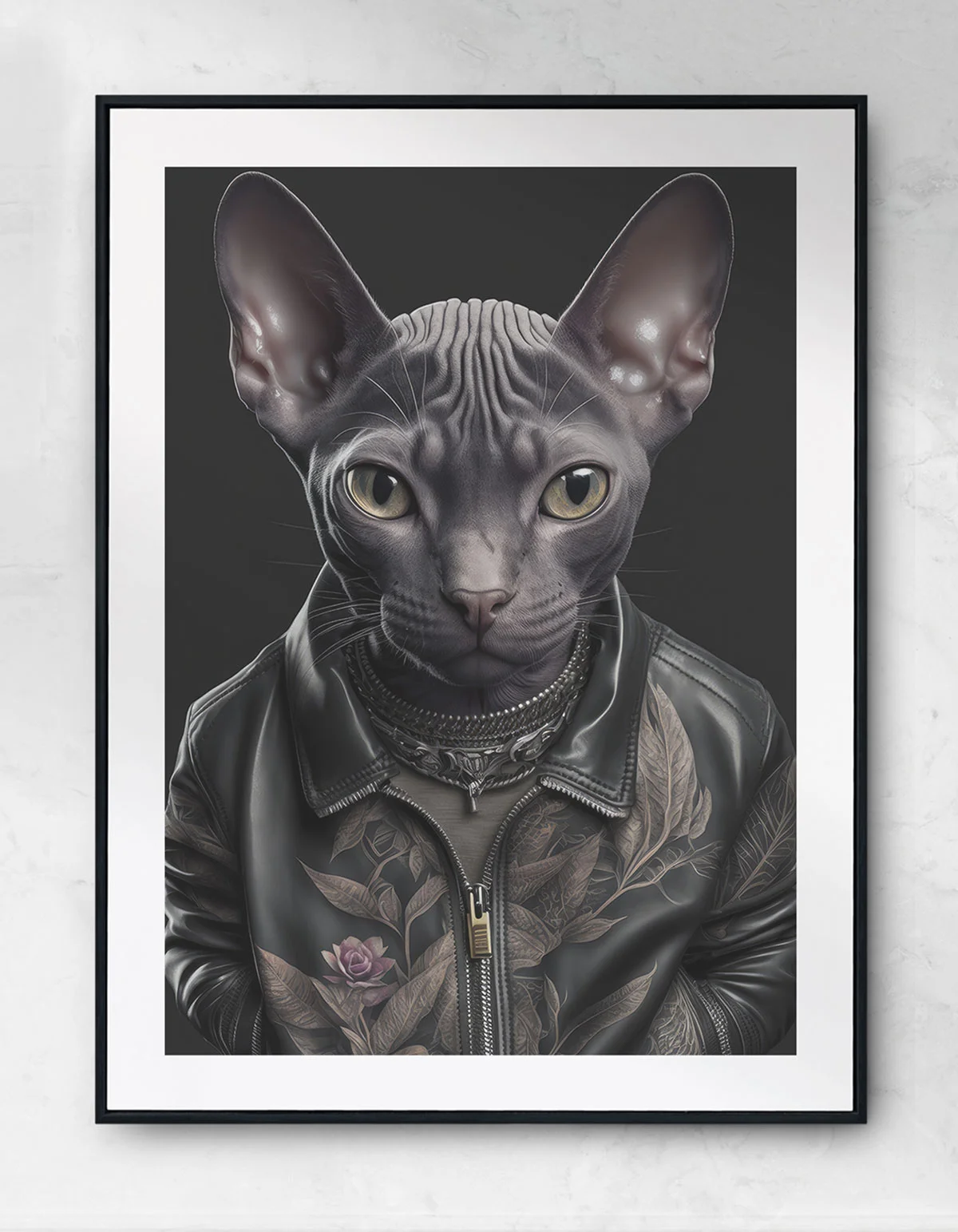 An image of a cool black cat in a leather jacket