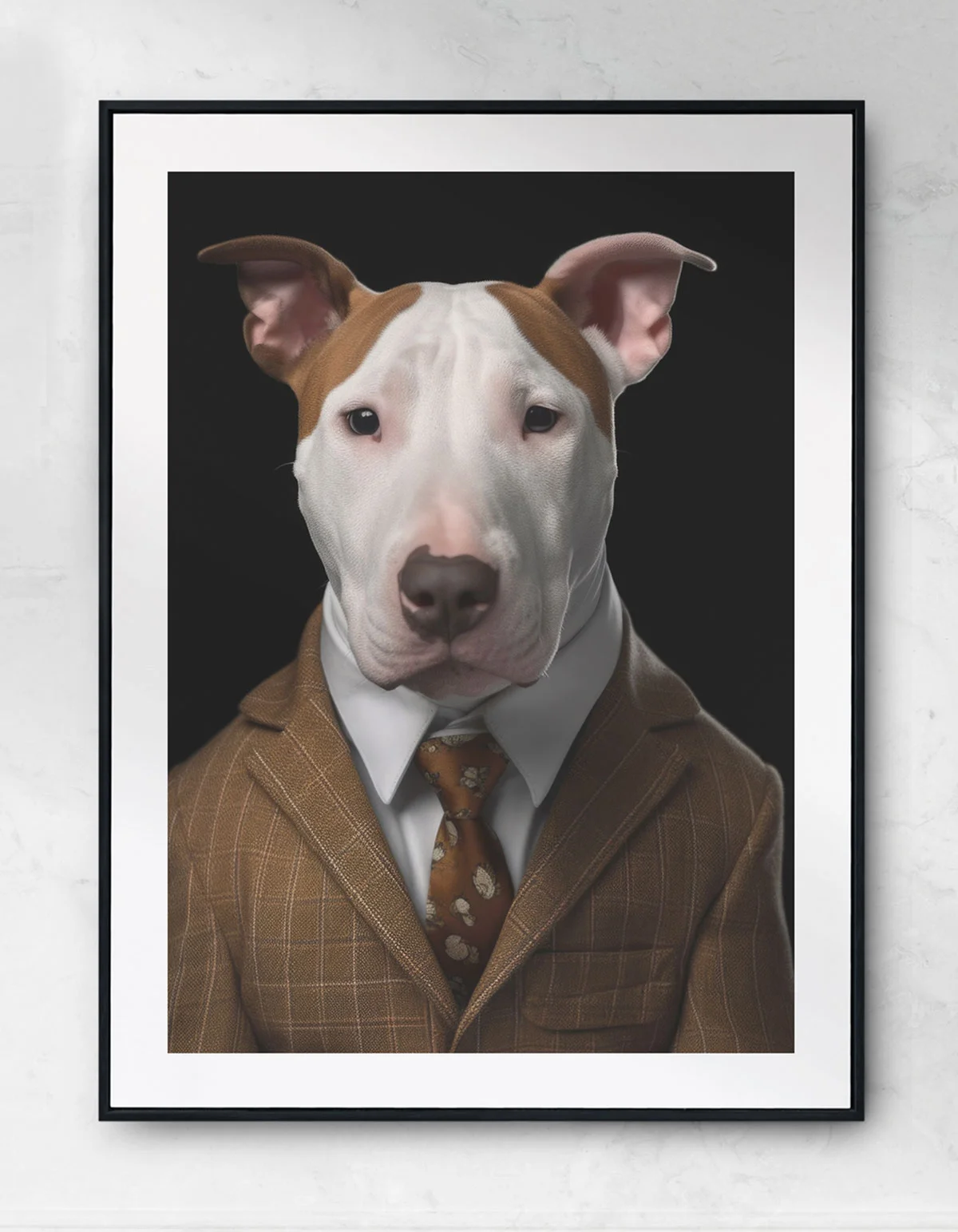 an image of a English Bull Terrier in a 60ts Suit