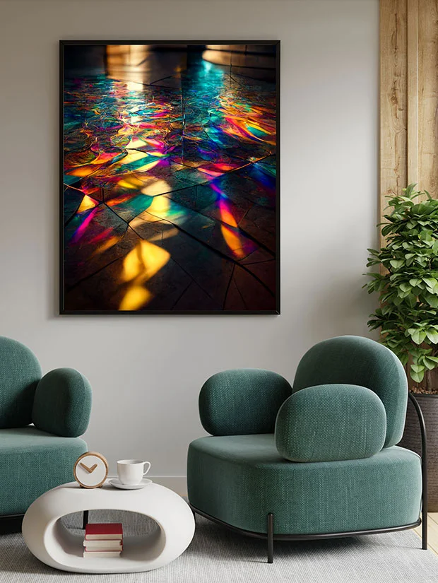 An image of an abstract print in a frame on a wall