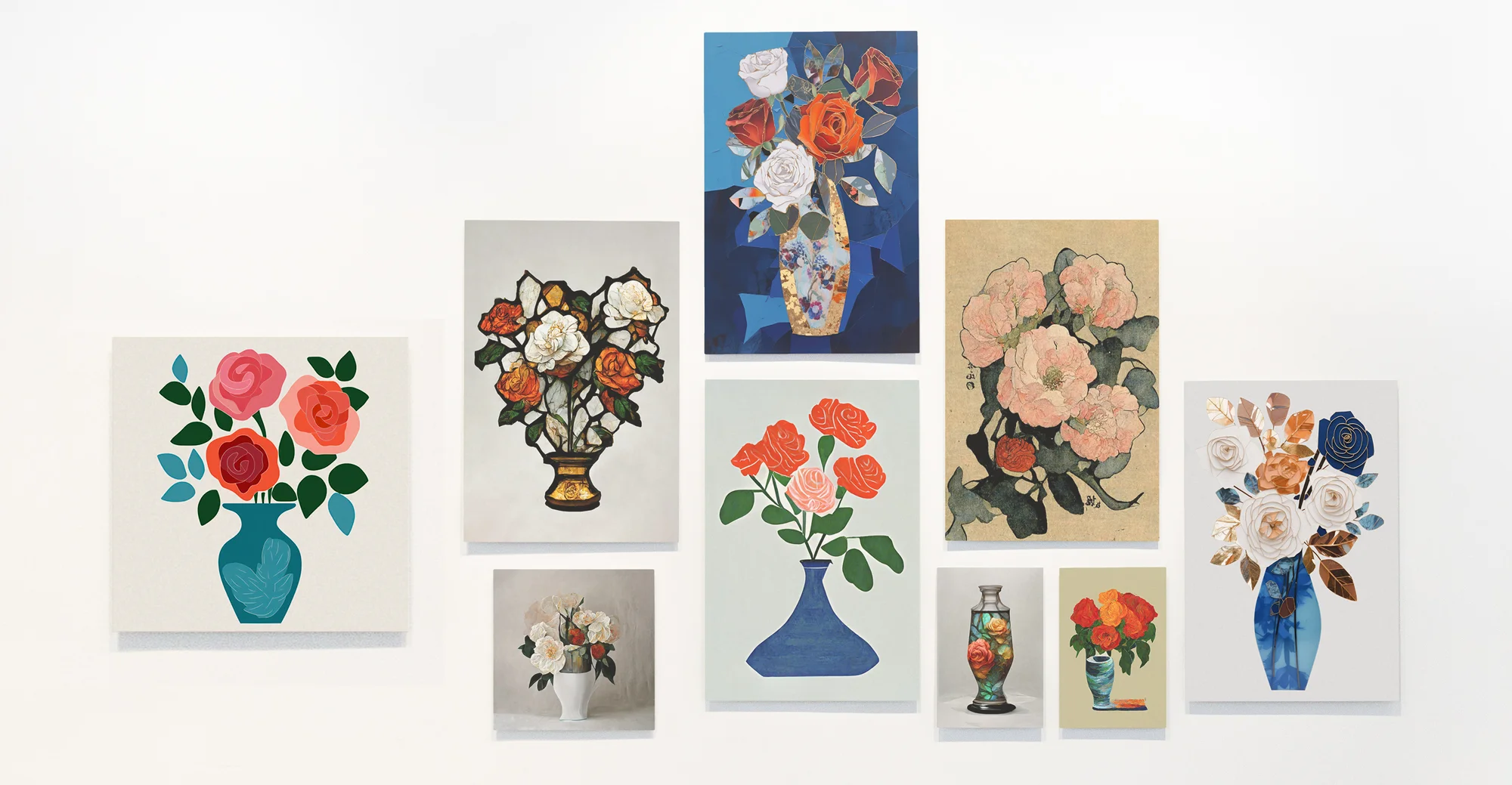 An image of the Roses in different art styles on wall